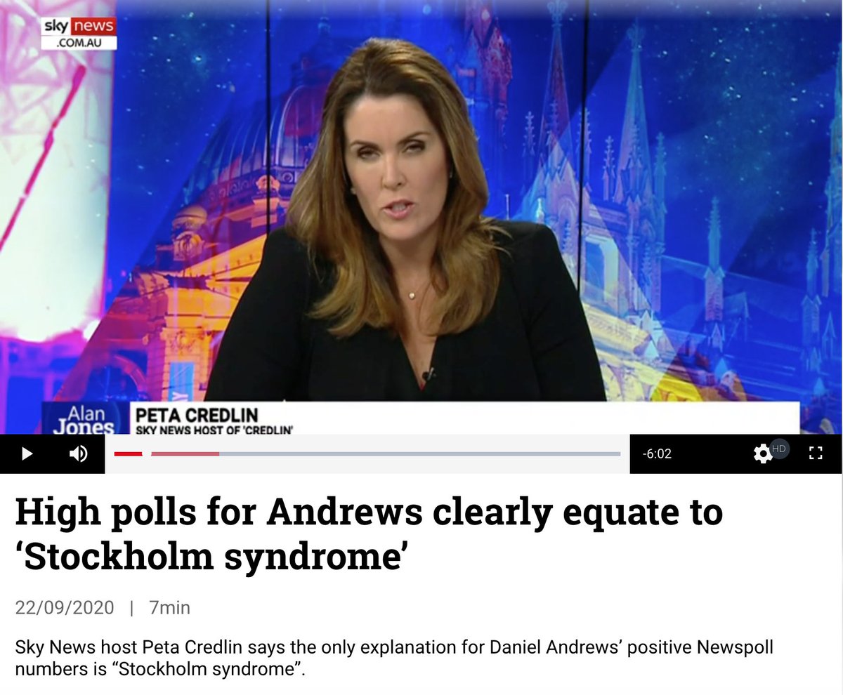 Hardly a surprising entrant, but deserves a mention, Peta Credlin accused Victorians of suffering from 'Stockholm Syndrome' because of wide majority support for Daniel Andrews through the Stage 4 lockdowns.