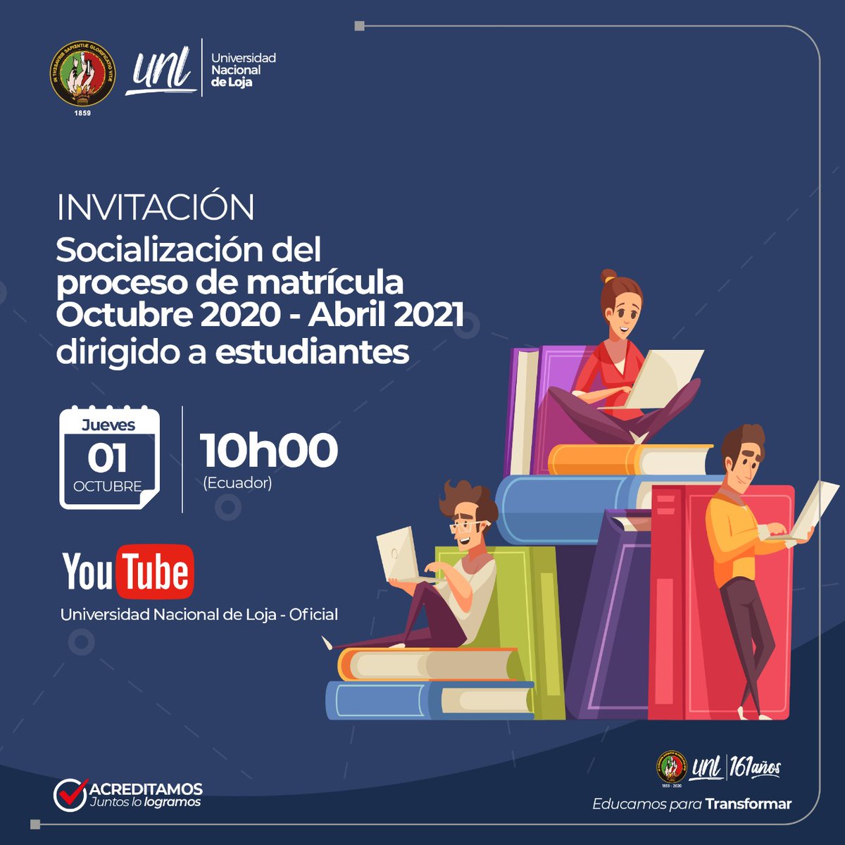 UNLoficial's tweet photo. 🗣️ ¡Entérate cómo es el proceso de matrículas para el período octubre 2020 - abril 2021! 🗣️

Este 01 de octubre a partir de las 10h00, te indicamos en transmisión en vivo el paso a paso para que seas parte de la #ComunidadUNL 📌

📲 Link de conexión => https://t.co/1C9iRARI5X https://t.co/kPzlhHW0R7