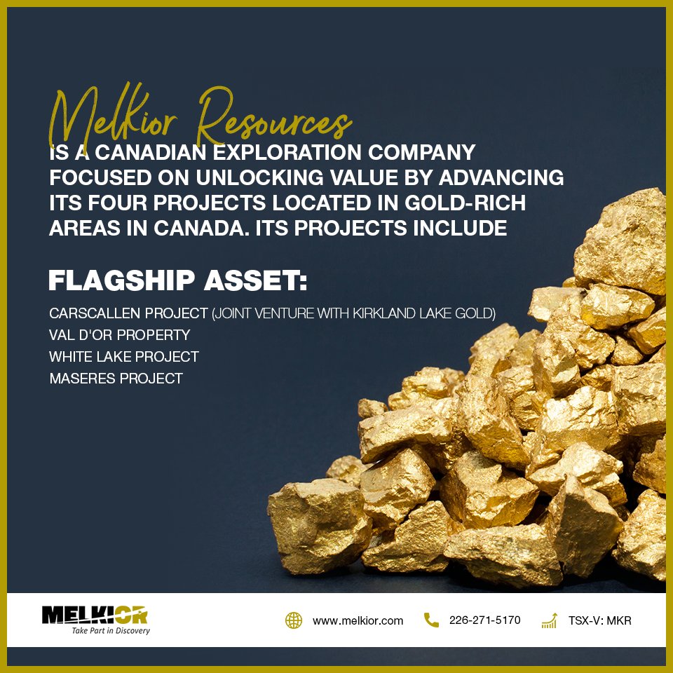 Melkior Resources is a Canadian exploration company focused on unlocking value by advancing its four projects located in #gold-rich areas in Canada. 

Learn more about us, here: melkior.com

TSX-V: $MKR 🇨🇦
OTC: $MKRIF 🇺🇸