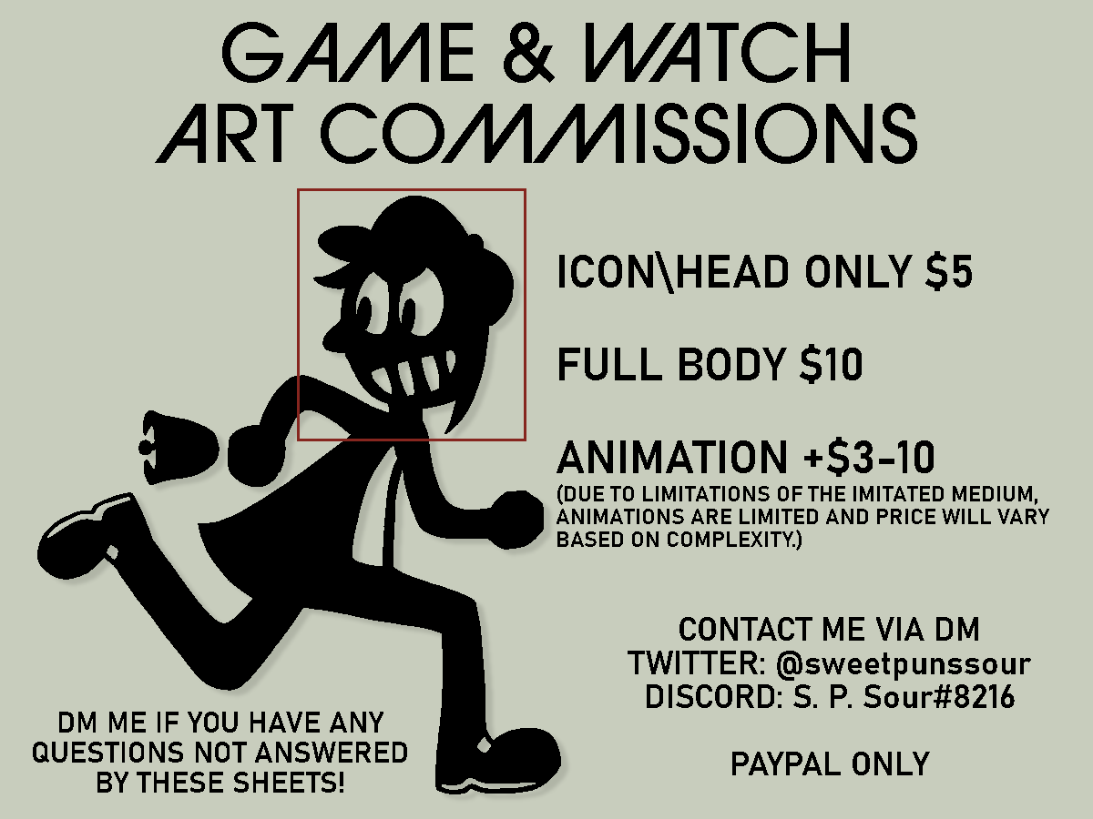 SweetPunsSour's tweet photo. I'm opening commissions for Game &amp; Watch-styled art!

DM me if interested, or share with anyone you think might be. https://t.co/mDYWiDU9u2