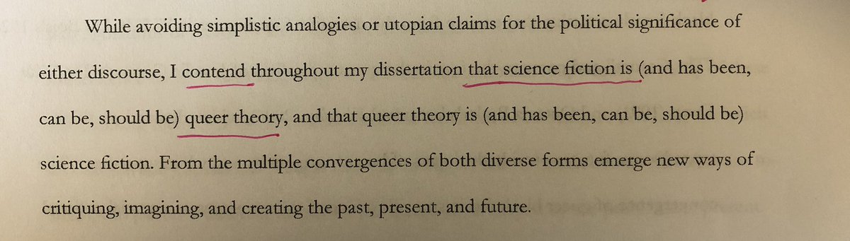 nimlothdecuba's tweet photo. 🤓 Reading the transit from #dissertation to book in a field close to mine for #academicWriting Class. The abstract’s final paragraph is a 🥁 to action! I love you so much right now @alothian 😍 #sciencefiction #queerphd #queertheory Go Go Go! https://t.co/3T1wnE7oMj