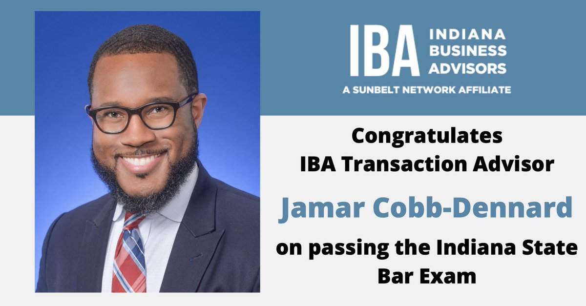 inbizadvisors's tweet photo. We would like to congratulate IBA's own @jamarspeaks on passing the Indiana State Bar Exam. An outstanding accomplishment! 
#indiana #attorney #businessbroker https://t.co/i4N636pR8l