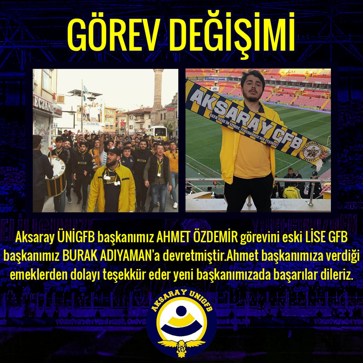 AksarayUNIGFB's tweet photo. Aksaray ÜNİGFB başkanımız AHMET ÖZDEMİR görevini eski LİSE GFB başkanı BURAK ADIYAMAN'a devretmiştir. Ahmet başkanımıza verdiği emeklerden dolayı teşekkür eder yeni başkanımızada başarılar dileriz.
#AksarayÜNİGFB https://t.co/GEvtnaBaI1