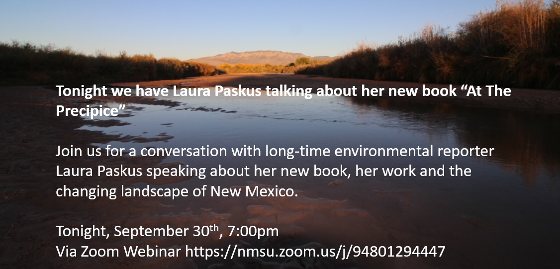 nmsuccess1's tweet photo. In just a few hours we will host Laura Paskus' talk on her new book At the Precipice. Hope you can attend! https://t.co/98k1GLzZcm
#nmwater #ClimateChange #drought #NMenvironment #OurFuture #NMSUCCESS #NMSU #nmwx https://t.co/5UCiGVjUfB