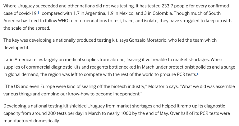Haven't seen a ton written about it, but here was a useful overview that includes links --  https://bit.ly/3cHSaGm . It suggests Uruguay's domestically produced test kit, making it possible to test early and frequently, is largely responsible for outperforming its neighbors: