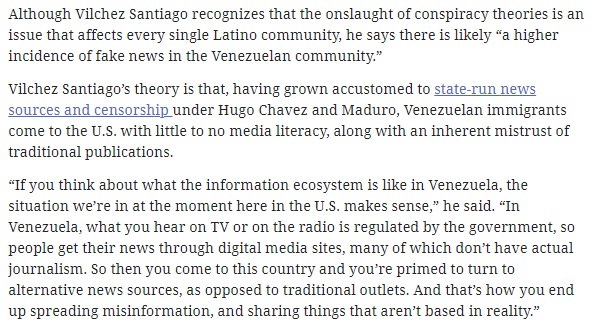 5/ ALSO: Lots of good insights on here from  @samuelvilchezs about why conspiracy theories are running so rampant in his community: “If you think about what the information ecosystem is like in Venezuela, the situation we’re in at the moment here in the U.S. makes sense”