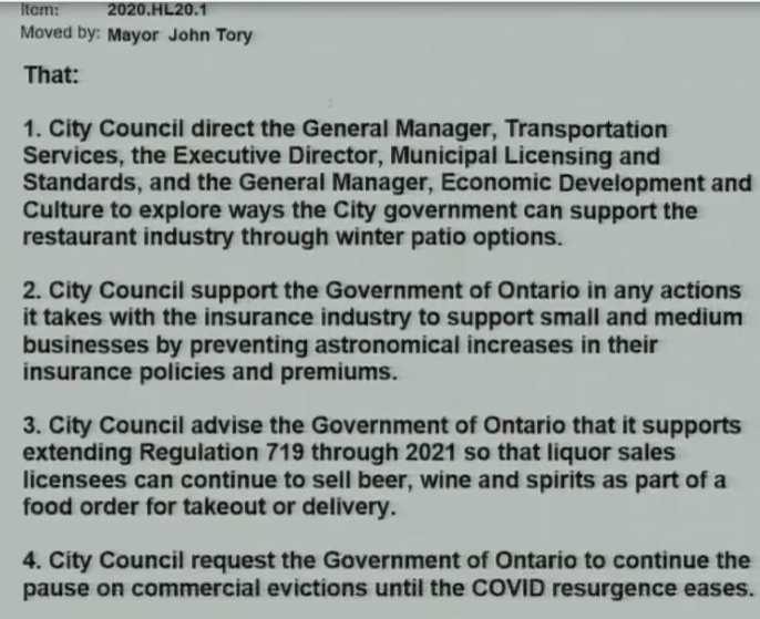 Mayor John Tory moves a series of recommendations to support restaurants, including winter patios and requesting province continue to let restaurants sell booze for take out and delivery.