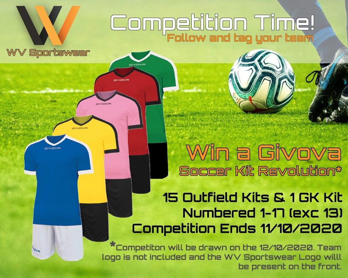 Competition! WIN A <a href="/GIVOVAofficial/">GIVOVA</a> Football Kit (15 Outfield, 1 GK) available in several colours. Numbers included, Logos NOT, WV Sportswear logo on the front.  Follow <a href="/WVSportswear/">WV Sportswear</a> to enter, retweet and tag your team below. #KitComp #Teamwear #FootballKits