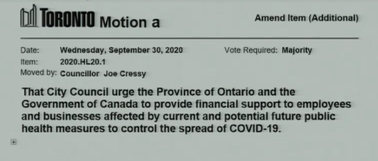 Councillor Cressy moves to urge province and feds to provide financial support to businesses and workers affected by new COVID-19 restrictions.