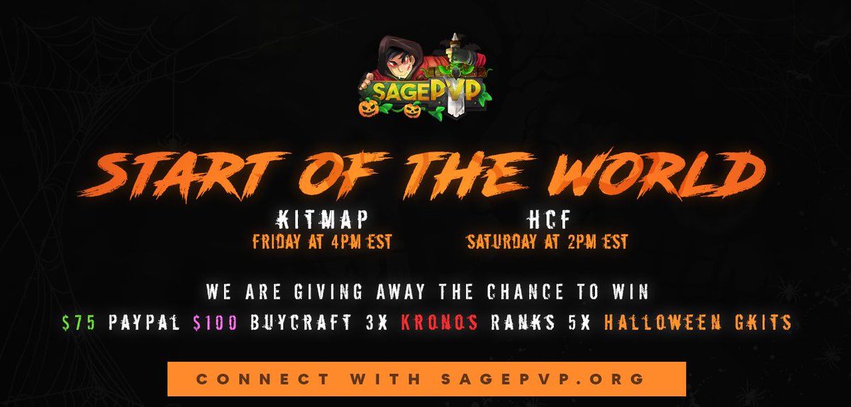 SagePvP | Fall Update 🍂

⚔️KITS releases FRIDAY @ 4:00 EST
🏹HCF releases SATURDAY @ 2:00 EST

📜sagepvp.org/fall

We're giving away:

🔹$75 PayPal
🔹$100 Buycraft
🔹3x Kronos Ranks
🔹5x Fall Kits

❤️+🔁+ follow <a href="/SagePvPORG/">SagePvP</a> to enter!