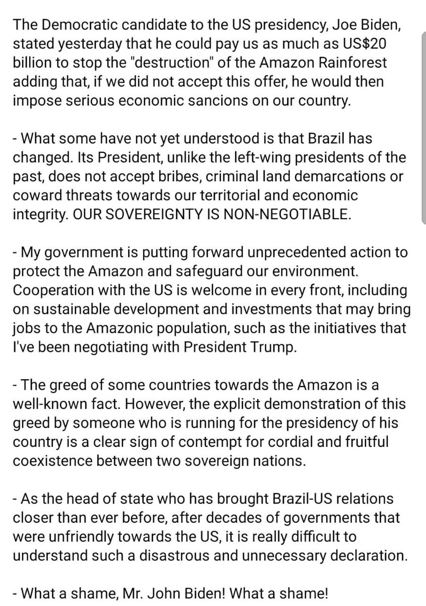 Bolsonaro's statement about Biden's $20billion. Imagine actually believing that this vendepatria cares about Brazilian sovereignty?! Alcântara Base, who's she??? 