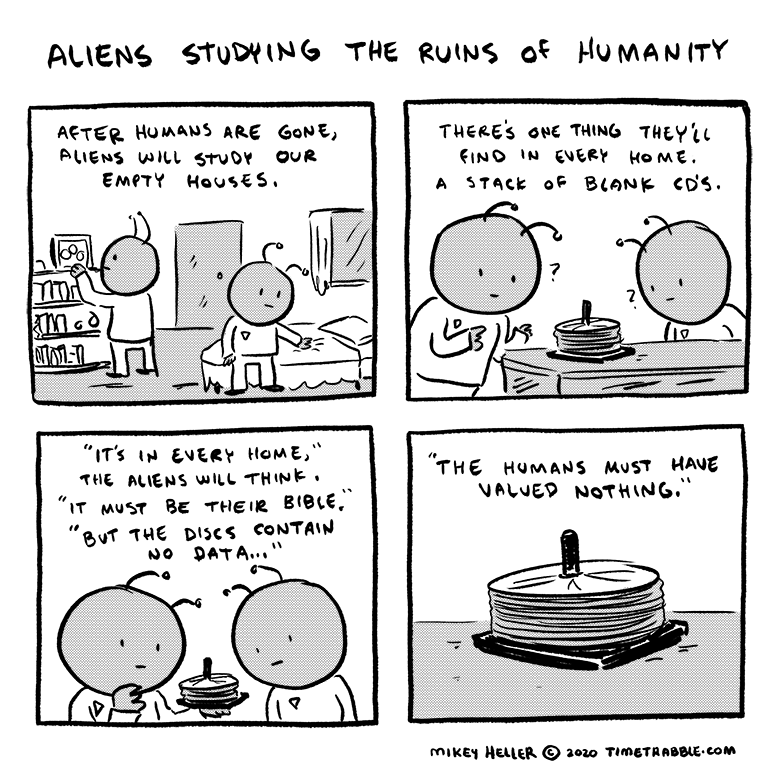 i drew a comic about aliens studying the ruins of humanity 