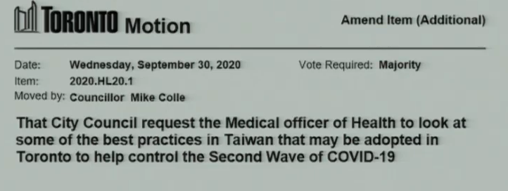 Councillor Mike Colle moves to have Dr. de Villa look at what Taiwan is doing to successfully control the pandemic.