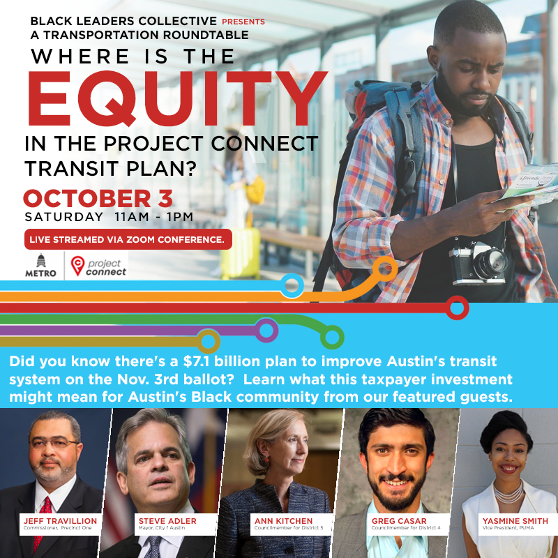 AdisaIsClarity's tweet photo. Join a community discussion hosted by the Black Leaders Collective on Project Connect – Saturday, Oct. 3 at 11 a.m.
https://t.co/gXsUl5O1Zc Did you know there's a $7.1 billion plan to improve Austin's transit system on the Nov. 3rd ballot? https://t.co/8GtCB8eJlP