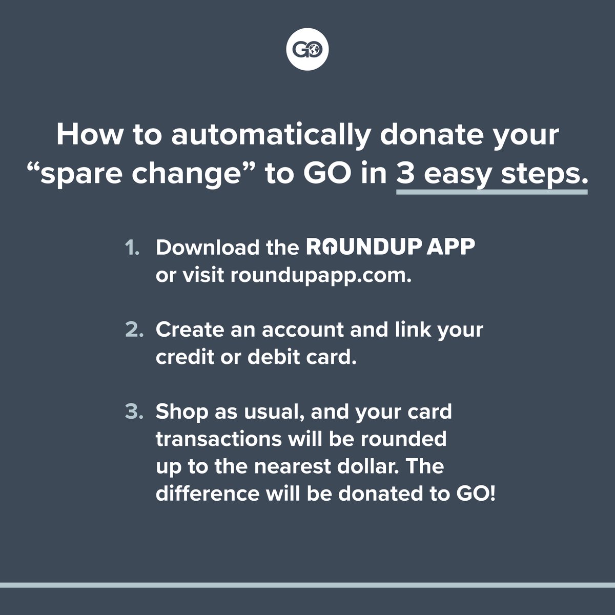 gointmissions's tweet photo. We are now on RoundUp App!

Sign up today to automatically donate your 'spare change' to GO! Join here: https://t.co/cbo9s6FapX

The first three people to sign up will receive a gift from GO, so don't wait! :) https://t.co/3Ms4TFzq5s