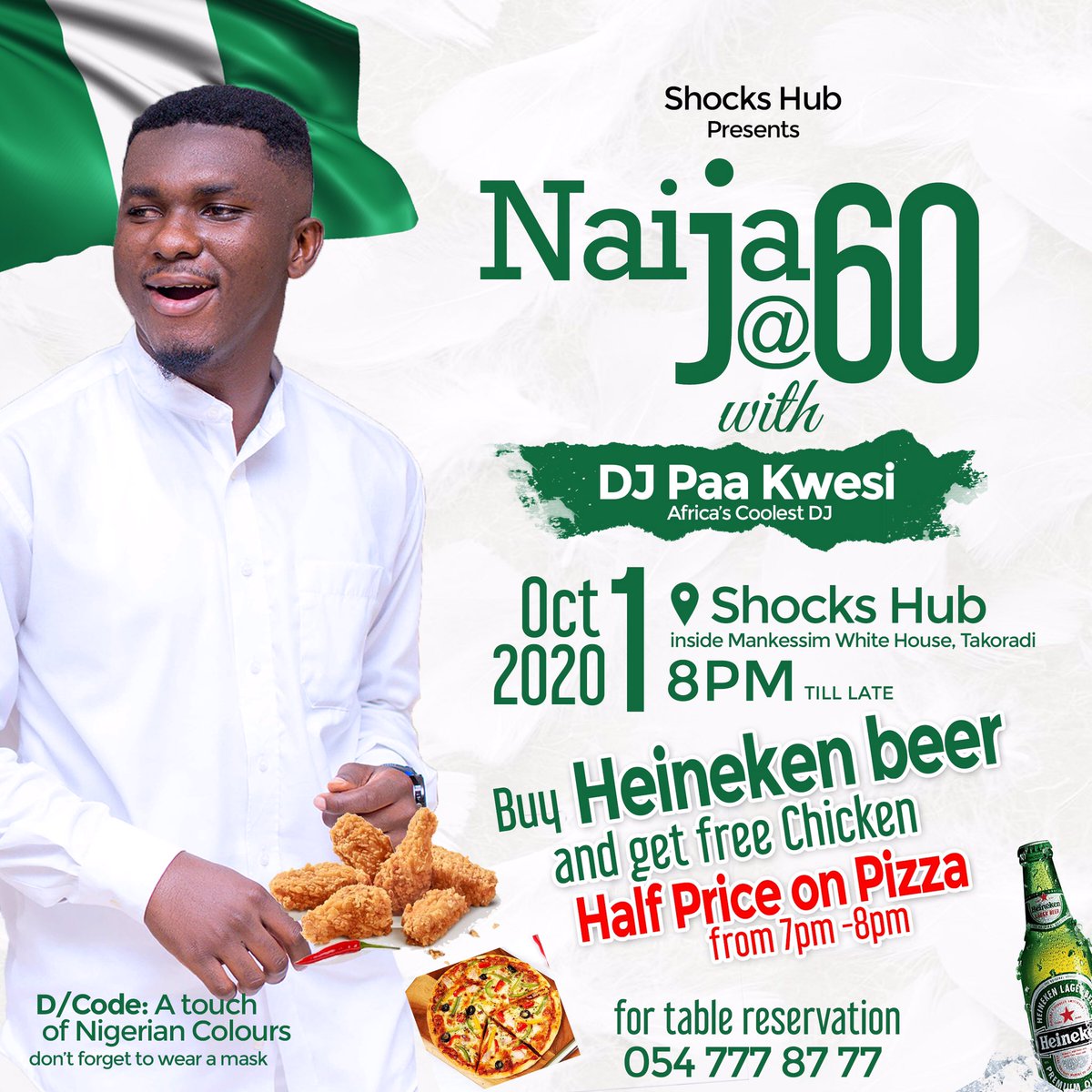 pke_worldwide's tweet photo. Tomorrow 8pm till late
.
.
Naija at 60 with myself @djpaakwesi live inside @shocks_hub (Mankessim White House Building, Takoradi) 
.
.
.
#djpaakwesi #africascoolestDJ #nigeria #nigeriaat60 #nigeriaparty #naijafood #naijamusic #ghana #accra #takoradi #djpaakwesiawp #NaijaAt60 https://t.co/UVDteYMgAV