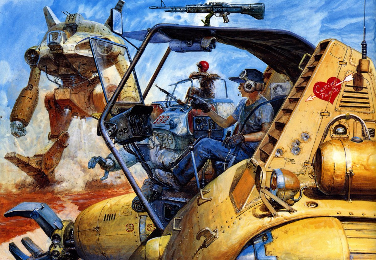 This illustration captures Xabungle's world, where machines closer to construction equipment are rigged with weapons and piloted by everyday people in a mecha wild-west full of bandits and working class mercenaries.