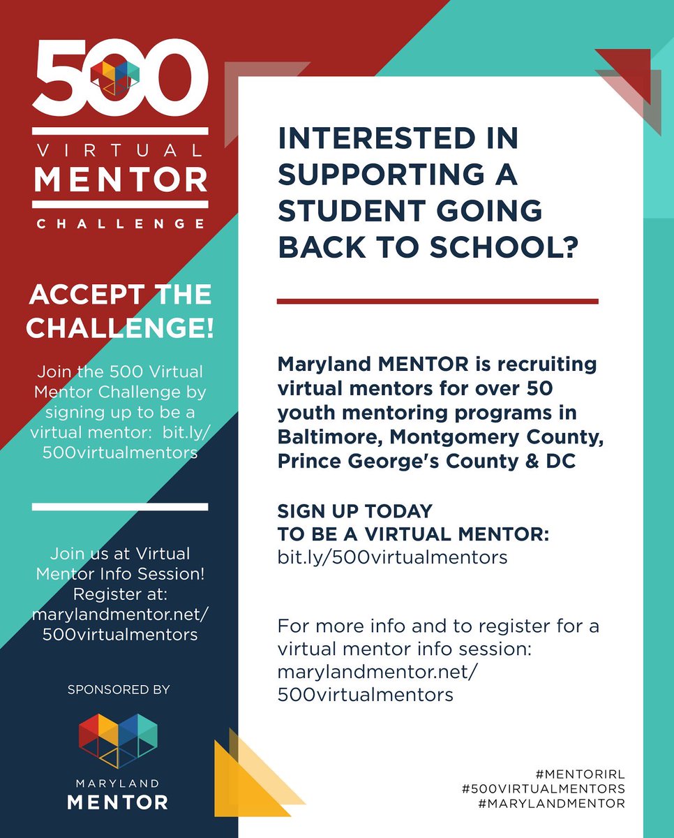 mentormddc's tweet photo. Have you heard about the 500 Virtual Mentor Challenge yet @RicePolitics? This is our amazing new initiative to recruit 500 virtual mentors to over 60 mentoring programs in Maryland/DC. Give this a retweet to help spread the word! #500VirtualMentor #MentorIRL https://t.co/hmsBqBhXoA