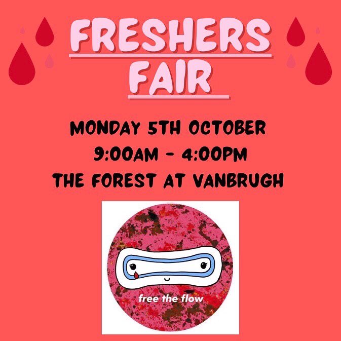 FreeTheFlow_'s tweet photo. Come say hi to us at the freshers fair or the virtual freshers fair! We can’t wait to see some of your lovely faces there 🥰❤️🩸 https://t.co/PvZw6tYJO2