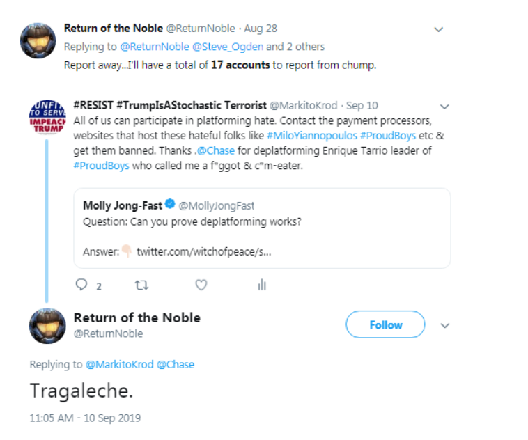 MarkitoResists's tweet photo. @realDonaldTrump @MSNBC @maddow @FrankFigliuzzi1 @oneunderscore__ @SpeakerPelosi @RepDMP @RepAdamSchiff @HouseJudiciary @AOC @Ilhan @RashidaTlaib @SenSanders @ewarren @FBI @CNN @cnnbrk @NicolleDWallace @chrislhayes .@JoeBiden .@SenKamalaHarris .@KamalaHarris 

PLEASE put #ProudBoys under FBI/COUNTER-TERRORISM SURVEILLANCE.  
Enrique Tarrio aka Henry Tarrio (#ProudBoys leader) has no problem wanting "leftists" DEAD.

Look what he says.
Look at his abuse to me. Calls me f*ggot, c*m-eater etc https://t.co/4mUEVPAXBi
