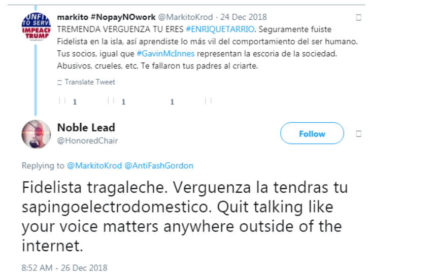 MarkitoResists's tweet photo. @realDonaldTrump @MSNBC @maddow @FrankFigliuzzi1 @oneunderscore__ @SpeakerPelosi @RepDMP @RepAdamSchiff @HouseJudiciary @AOC @Ilhan @RashidaTlaib @SenSanders @ewarren @FBI @CNN @cnnbrk @NicolleDWallace @chrislhayes .@JoeBiden .@SenKamalaHarris .@KamalaHarris 

PLEASE put #ProudBoys under FBI/COUNTER-TERRORISM SURVEILLANCE.  
Enrique Tarrio aka Henry Tarrio (#ProudBoys leader) has no problem wanting "leftists" DEAD.

Look what he says.
Look at his abuse to me. Calls me f*ggot, c*m-eater etc https://t.co/4mUEVPAXBi