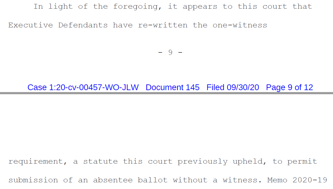 Sharrison_WFAE's tweet photo. NEW: It appears that U.S. Judge William Osteen has rejected the @NCSBE plan to allow voters to use a "cure affidavit" to fix problems with witness signatures on absentee mail ballots. He wrote that elections board as "re-written" the one-witness requirement...> https://t.co/os1L9WRzog