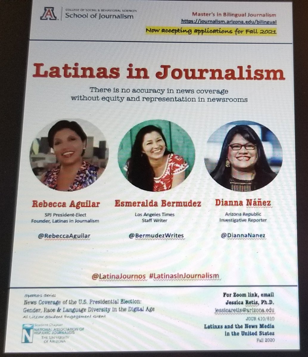 Happening now: Latinas in  #Journalism panel sponsored by  @UA_NAHJ at  @UAJschool with  @RebeccaAguilar  @BermudezWrites  @DiannaNanez