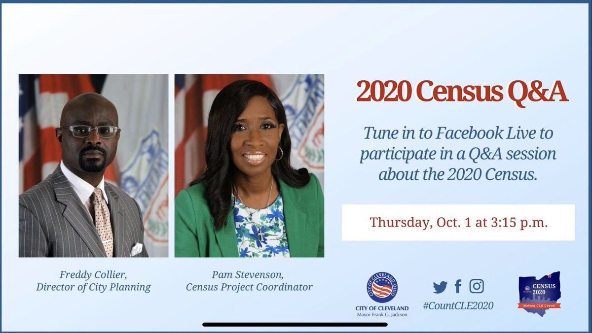 CityofCleveland's tweet image. Tomorrow at 3:15 p.m. we'll be taking your questions live to clear up confusion and misinformation about the Census and to discuss why completing it is critical to our City. Drop your questions in the comment section during the FB Live event.

#CountCLE2020