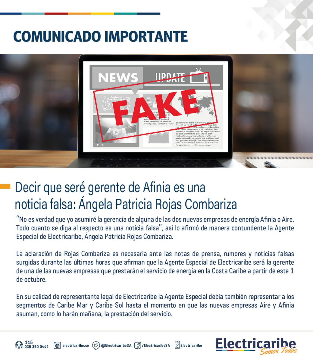 #Atención | Nos permitimos hacer una aclaración, a propósito de una noticia falsa que circula en redes sociales, con relación a nuestra Agente Especial, Ángela Patricia Rojas Combariza, <a href="/Angelaprojasc/">Ángela Patricia Rojas</a>.