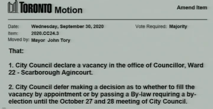 A twist! Mayor John Tory moves to defer the decision of how to fill Councillor Jim Karygiannis’ seat until the October meeting of council.