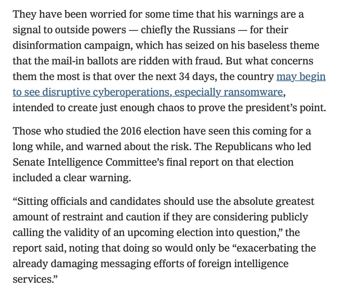 American intelligence and homeland security officials are worried the President of the United States is signaling foreign powers to interfere in our elections on his behalf.  https://www.nytimes.com/2020/09/30/us/politics/trump-debate-election.htmlA democratic emergency.