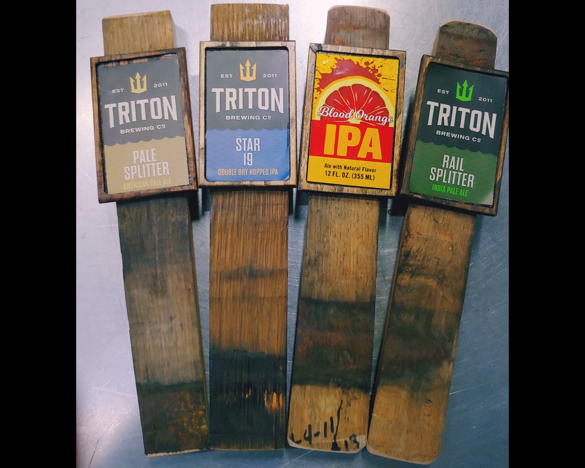 TritonBrewing's tweet photo. .@brewerjon has been busy on a new project. Making #tapmarkers out of old #bourbonbarrel #staves! These tap markers are sporting some of our new packaging look for the #PaleSplitterAPA, #Star19IPA and #RailSplitterIPA! Watch for them out there! https://t.co/hmgPJQJOZq