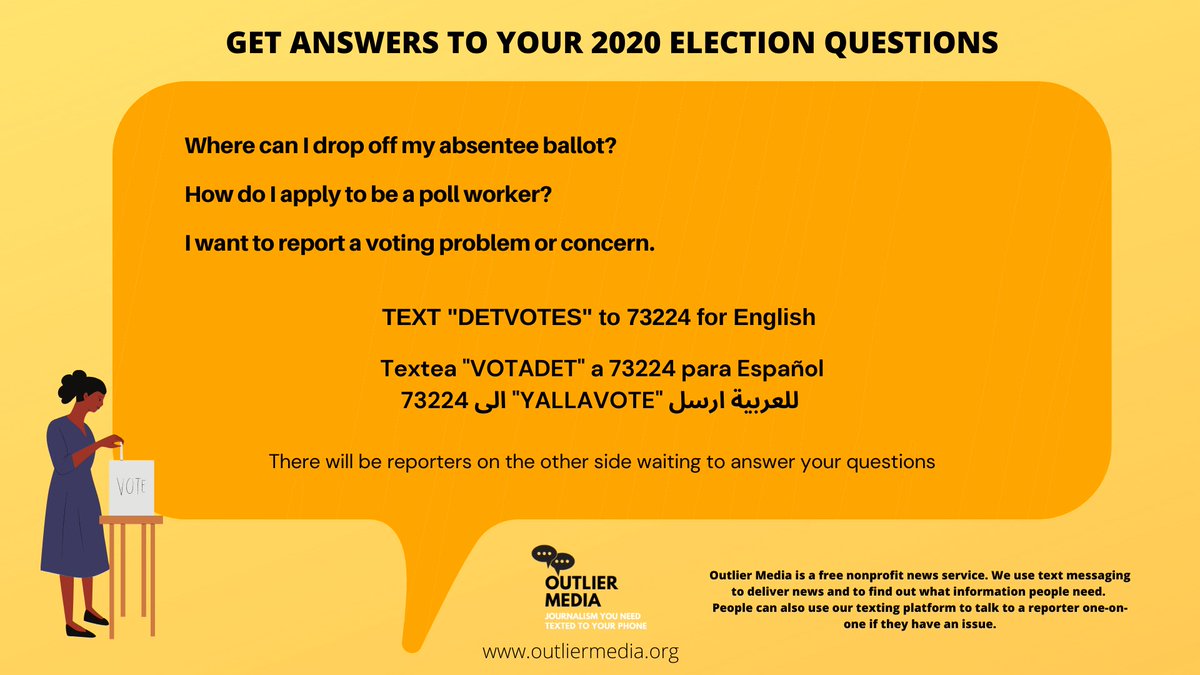 Detroiters: you have questions about the upcoming election and we want to help you answer them. We've launched a new text service to answer your questions directly. Text "DETVOTES" to 73224. We have English, Spanish, and Arabic speaking reporters waiting to help you.