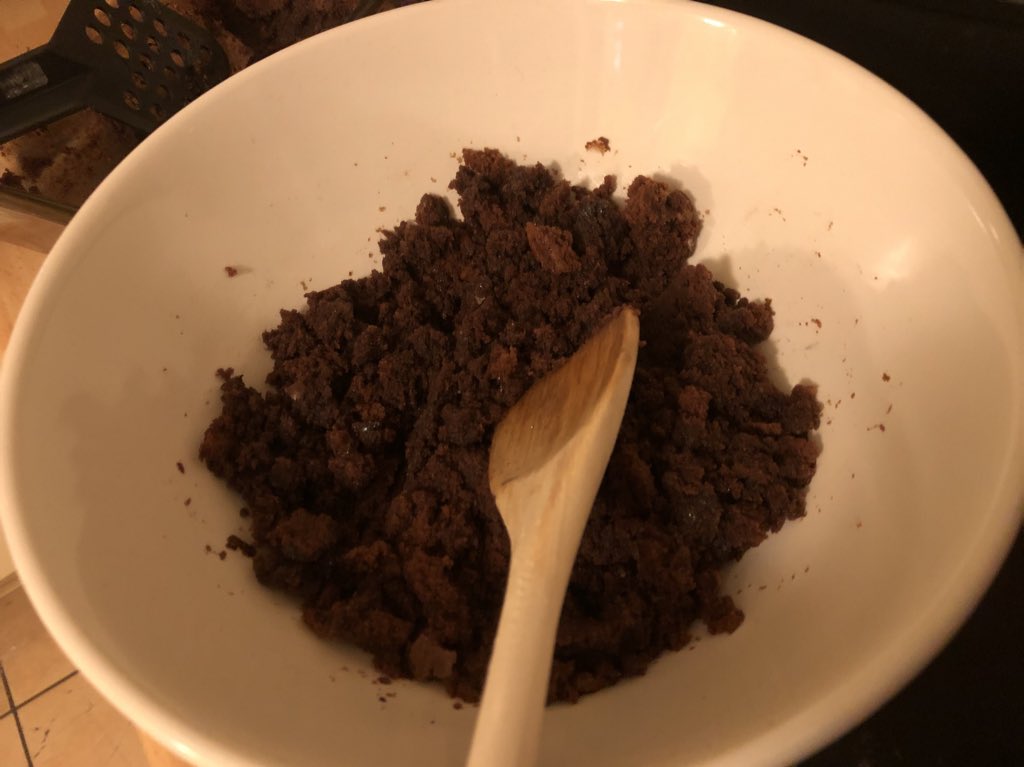 here is cooked brownie that has been smashed upwe are approaching ready to combineI should add here that I've literally never made brownie snowskin mooncake before and this is an experiment