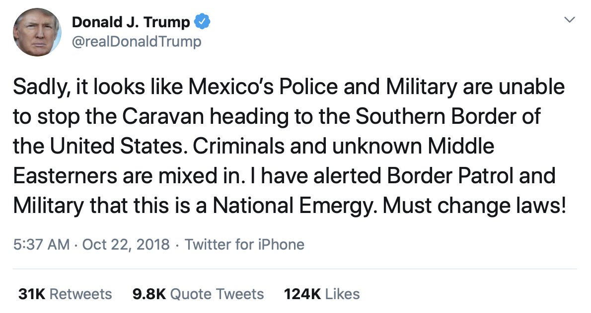 “Trump regularly demonized dark-skinned immigrants before the 2018 midterm elections, and his campaign produced an ad — about a caravan of migrants traveling through Mexico — that was so racist even Fox News declined to air it.”  https://www.nytimes.com/interactive/2018/01/15/opinion/leonhardt-trump-racist.html