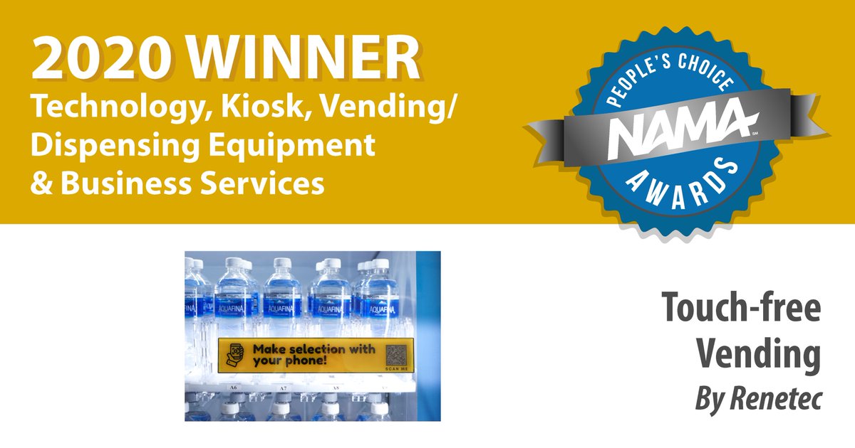 Renetec is grateful to be recognized as the winner of NAMA People's Choice Awards in Technology, Kiosk, Vending/Dispensing Equipment &amp; Business Services category.
Thank you to everyone who voted for us!

#innovation #innovation
<a href="/VendingTimes/">Vending Times</a> <a href="/VendingMagazine/">VendingMarketWatch</a> <a href="/NAMAvending/">NAMA</a>