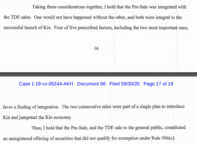 Not only was the ICO (sale of KIN to public) a violation of securities laws, but because it was integrated with the private pre-sale (which was a sale to accredited investors otherwise structured to comply with a private placement exemption), the private pre-sale did too.