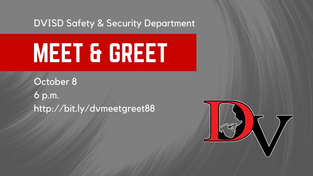 The Del Valle ISD Safety and Security Department is hosting a virtual Meet and Greet on Thursday, October 8 at 6 p.m. Details: bit.ly/dvmeetgreet88