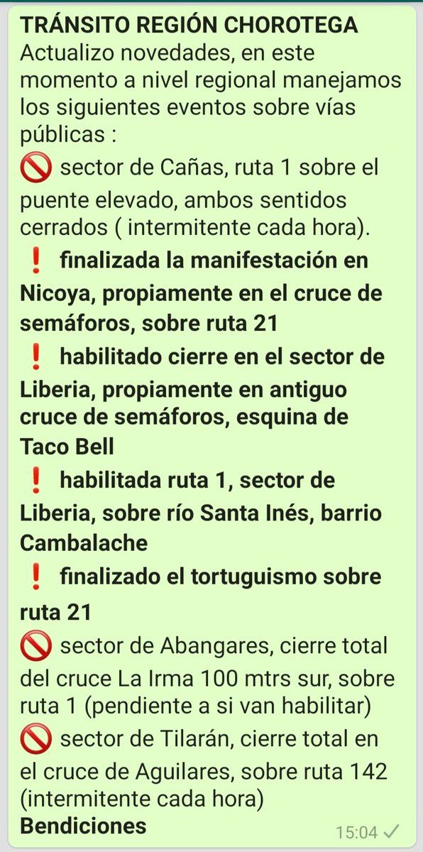 TRÁNSITO REGIÓN CHOROTEGA
En este momento solo tenemos 3 eventos en vías de Guanacaste, todos en jurisdicción de Cañas 👇🏻