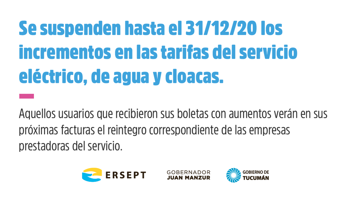 El gobernador <a href="/JuanManzurOK/">Juan Manzur</a> anunció hoy la firma de un acuerdo con EDET y la SAT, a partir de la cual el <a href="/ERSEPTok/">ERSEPT</a> informa que las actualizaciones en las tarifas del servicio eléctrico y de agua y cloacas quedan suspendidas hasta el 31 de diciembre del presente año.