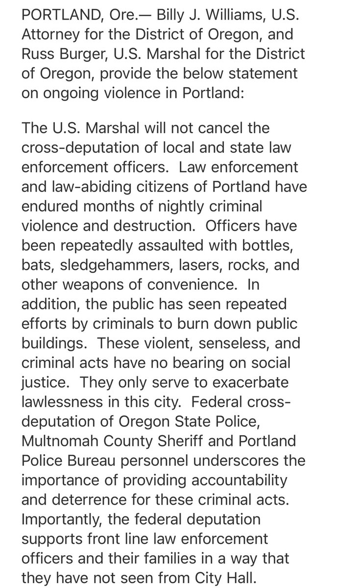 MrAndyNgo's tweet photo. Breaking: The US Attorney for Oregon (@USAO_OR) rejects @tedwheeler’s demand to remove the deputized status of some Portland Police officers. The cross-deputization allows those who assault local cops to be federally charged. #PortlandRiots https://t.co/ghwVjWCroV