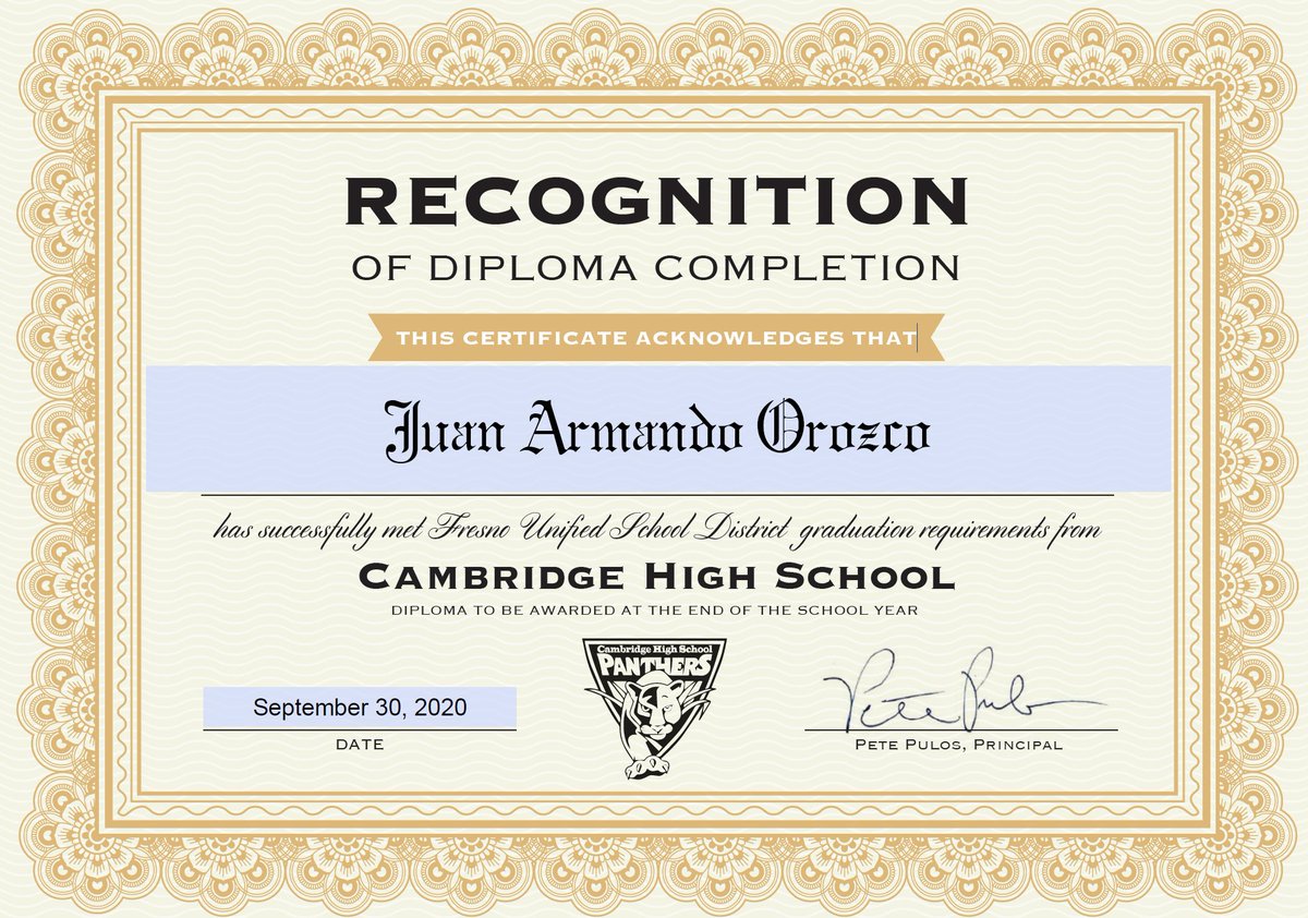 Cambridge High School is proud to announce Juan Armando Orozco as our newest graduate. Way to go Juan!!!! #distancelearning  <a href="/fresnounified/">Fresno Unified</a> <a href="/center_erc/">Educational Resource Center (ERC)</a> <a href="/MommaLoew/">Leslie Loewen</a> <a href="/EdgenuityInc/">Edgenuity (now Imagine Learning)</a>