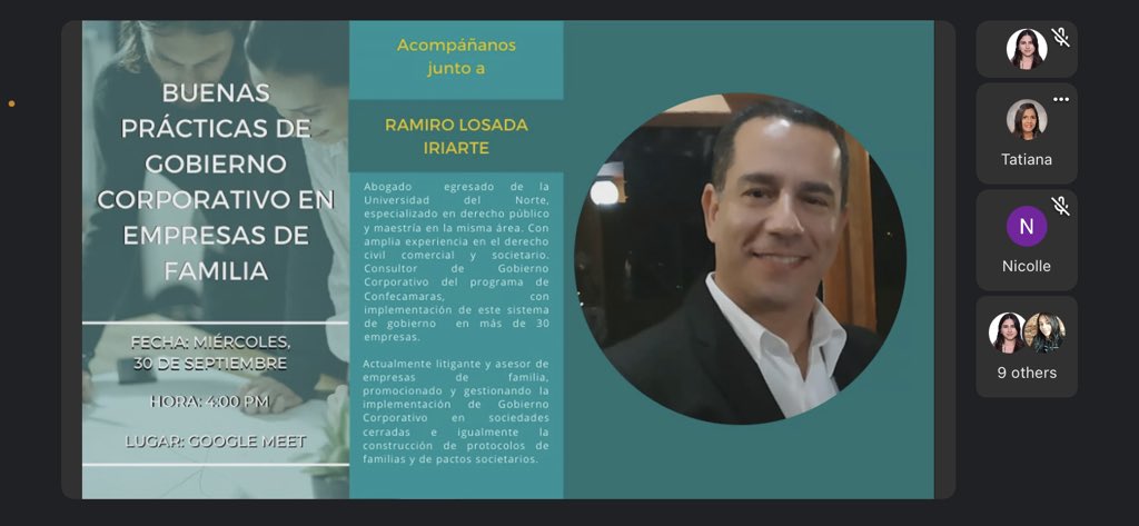 #AEstaHora | Nos encontramos conectados en nuestro #webinar acerca de las “Buenas Prácticas de Gobierno Corporativo en Empresas de Familia” junto a Ramiro Losada 🙌.

¡Acompáñanos! Conéctate ingresando en el siguiente link👉: meet.google.com/tet-ydce-tze