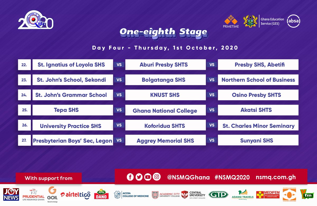 #NSMQ2020 📚🧪

Schools Competing Tomorrow 

#irepmyschool #NSMQOneEighth <a href="/NSMQGhana/">National Science & Maths Quiz</a> <a href="/irepmyschool/">I Rep My School🇬🇭</a>
