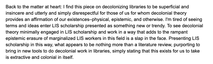 I talked about how angry I was at this article among friends. As usual, it was really helpful to be surrounded by love and affirmation from other BIPOC librarians