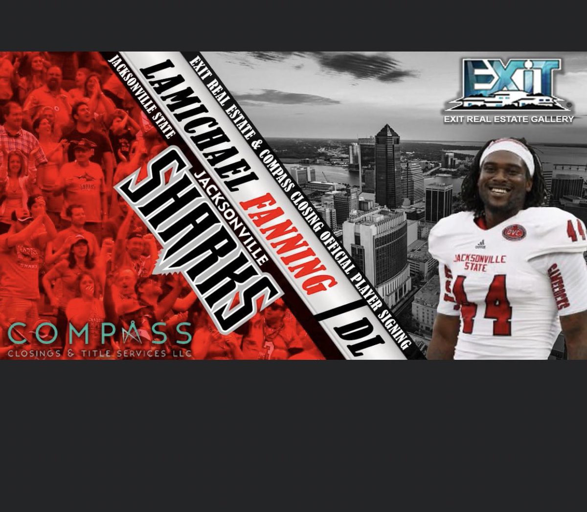 NALFootball's tweet photo. EXIT REAL ESTATE GALLERY AND COMPASS CLOSINGS &amp; TITLE SERVICES OFFICIAL PLAYER SIGNING: 
The Jacksonville Sharks sign Defensive Lineman LaMichael Fanning.#finsup #NAL2021 #welcometothesharktank https://t.co/WDKHj7o9pC