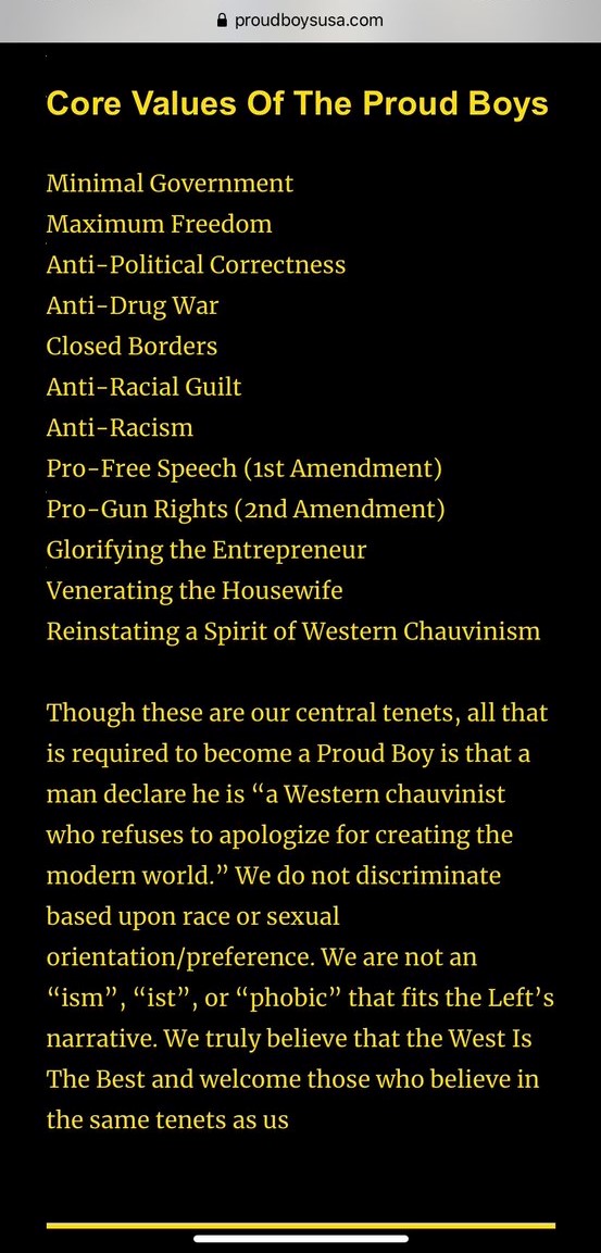 So they are politically incorrect group that might have some bad people in it. OKWhen the group formed in 2016, it initially sought to distance itself from white nationalism. Proud Boys members have described themselves as ‘Western chauvinists’ or ‘Western culturalists’.