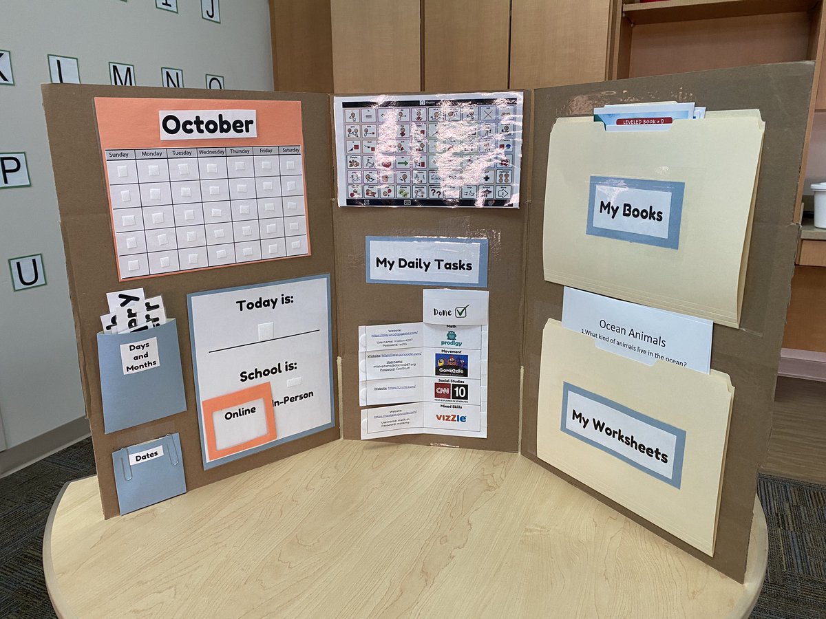 CallMeMoprah's tweet photo. I’m so proud of this “home office” I made for a S 🤩🤩🤩 His mom said he has a hard time doing school at home, and said it might help for him to have a poster/calendar of some sort - this is what I came up with! #sped https://t.co/DF2ULYwDGv