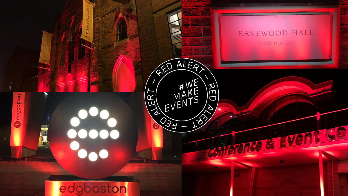 Tonight we #LightItInRed to show our support for the events industry and our amazing partner venues in the Midlands <a href="/EastwoodHall/">Eastwood Hall</a> <a href="/bcec_birmingham/">The BCEC Birmingham</a> @custardfactory <a href="/digbeth/">Digbeth We Are</a> <a href="/Edgbaston/">Edgbaston Stadium</a> #WeMakeEvents #LightItInRed #RedAlert #Conferences #Events #Venues #GetBritainMeetingAgain
