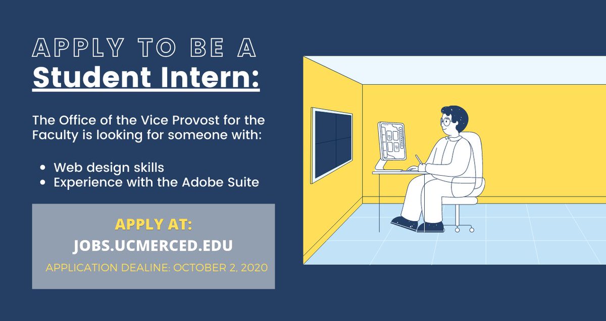 In need of a job? Do you have Web Design skills and are comfortable with working on multiple projects simultaneously? If you answered yes, apply to be the Student Intern for the Office of the Vice Provost for the Faculty through this link: fal.cn/3aEyQ #ucmerced